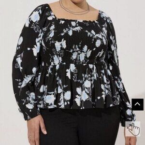 torrid beautiful black floral smocked bodice crop blouse